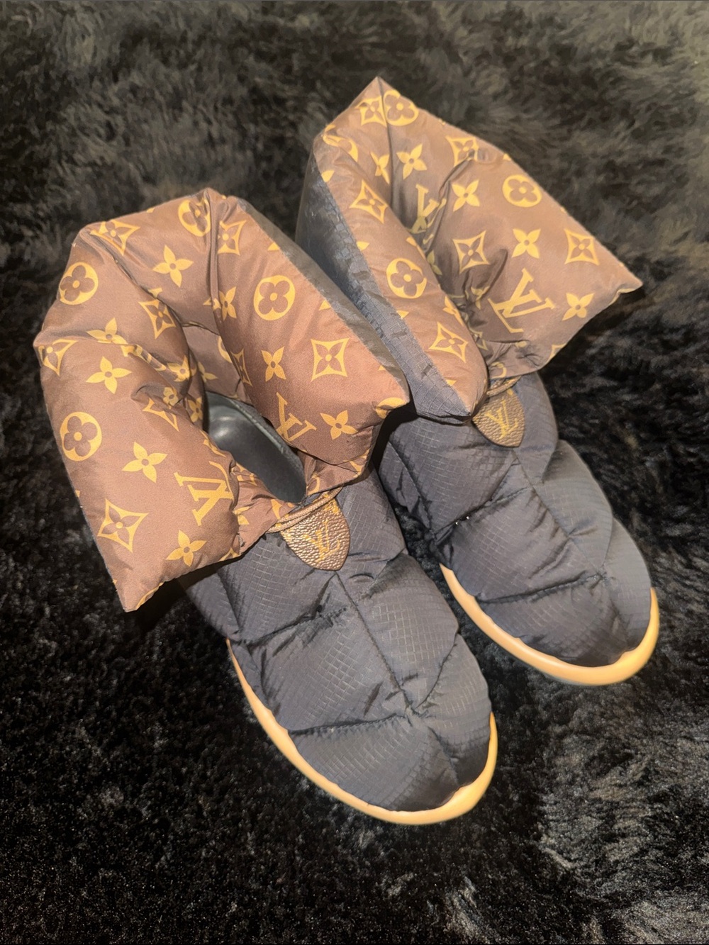 Louis Vuitton Black Puffer Boots with Brown Monogram Cuff 100% authentic